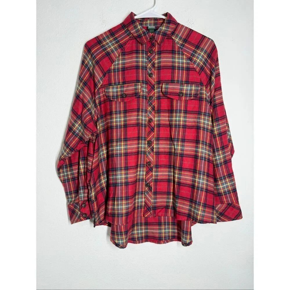 Wild Fable Long Red Plaid Flannel Shirt Side Pockets Sz SX Oversized